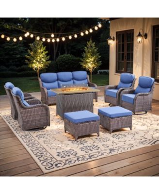8-Piece Wicker Patio Conversation Set with Fire Pit Table, Swivel Rockers and 6-Inch Cushions for Outdoor Living