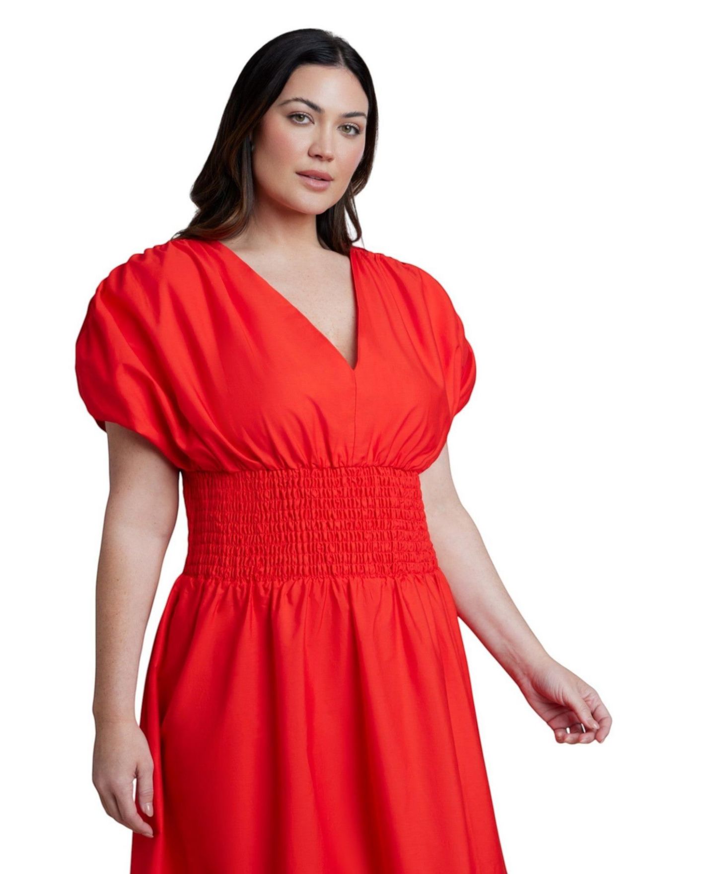 Женское платье ELOQUII Plus Size V-Neck Flared Smocked Midi, цвет: Красный — фото 3