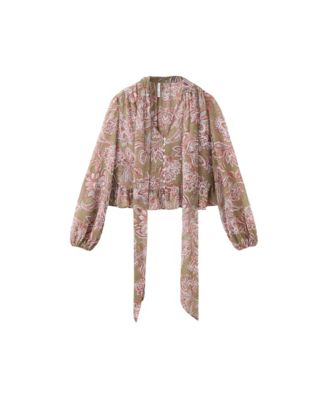 Women's Floral-Print Tie-Front Puffed Sleeve Blouse