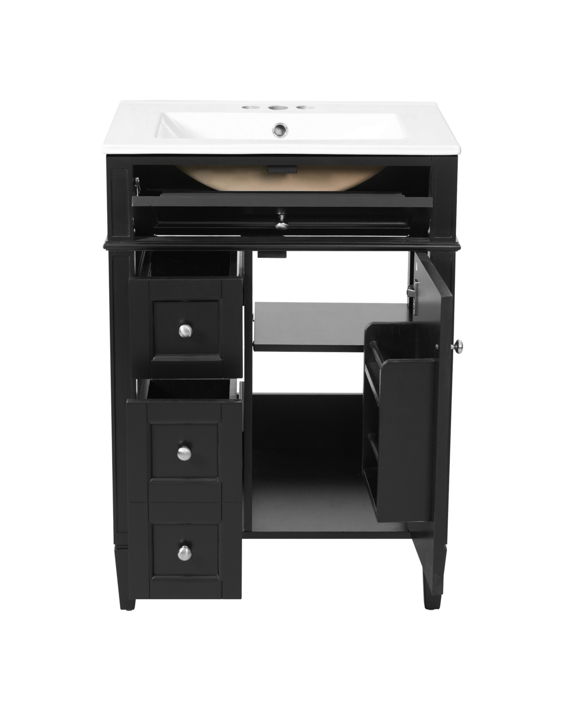 Thirtypeachy 24 Inch Freestanding Bathroom Vanity, Mdf Cabinet with Solid Wood Frame and Legs, Ceramic Integrated Sink, 3 Faucet Holes - Black