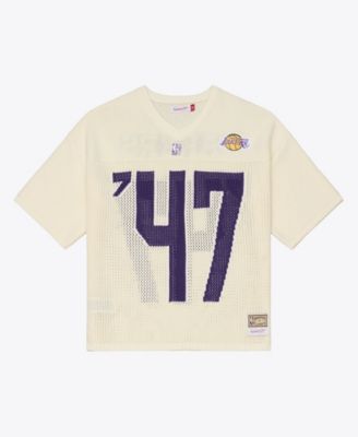 Men's Mitchell Ness Cream Los Angeles Lakers Hardwood Classics Retro Roots Short-Sleeve Sweater Jersey