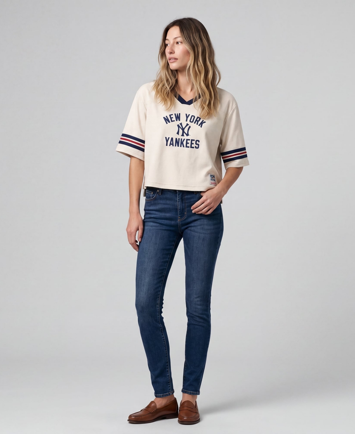 Mitchell & Ness Women's Cream New York Yankees Cooperstown Collection Retro Roots Crop Boxy Yoke T-Shirt - Cream