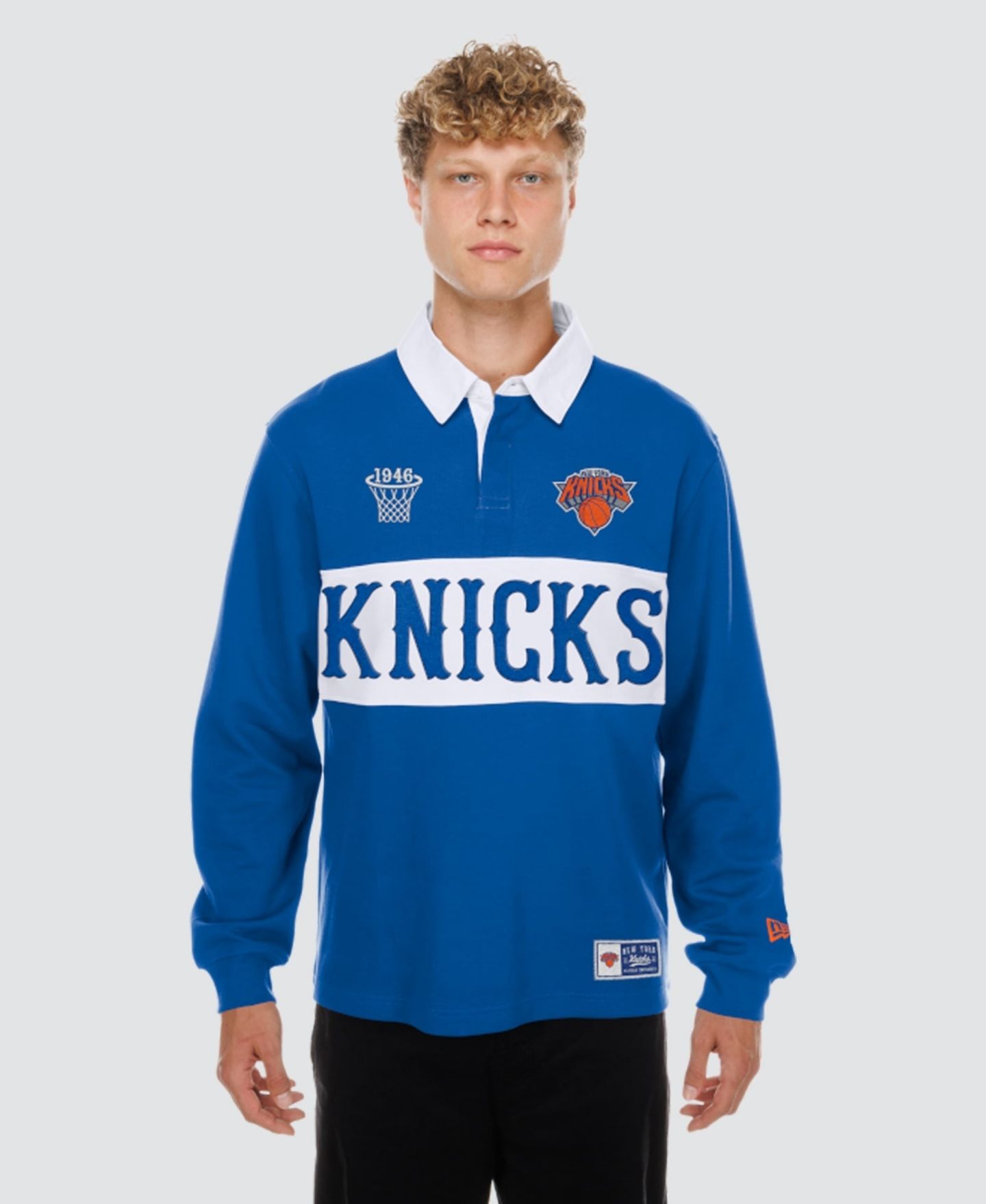 Мужское поло New Era Blue New York Knicks Rugby Long-Sleeve Polo — фото 1