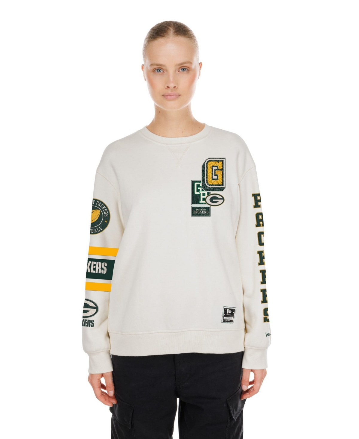New Era Women's Cream Green Bay Packers Academic Crewneck Sweatshirt - Cream