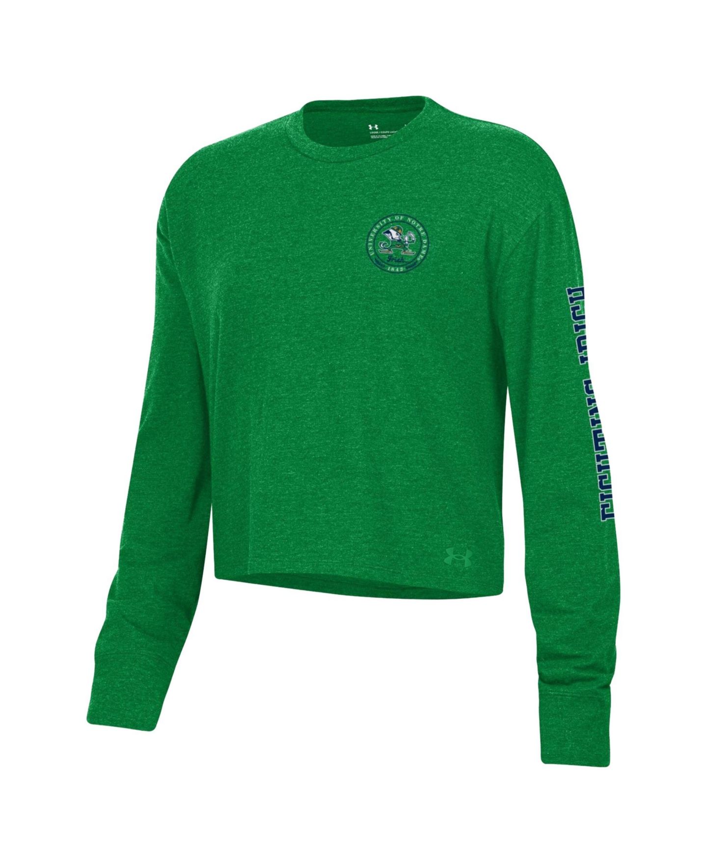 Женский топ Under Armour Green Notre Dame Fighting Irish Icon Sleeve Two-Hit Long-Sleeve Crop — фото 2