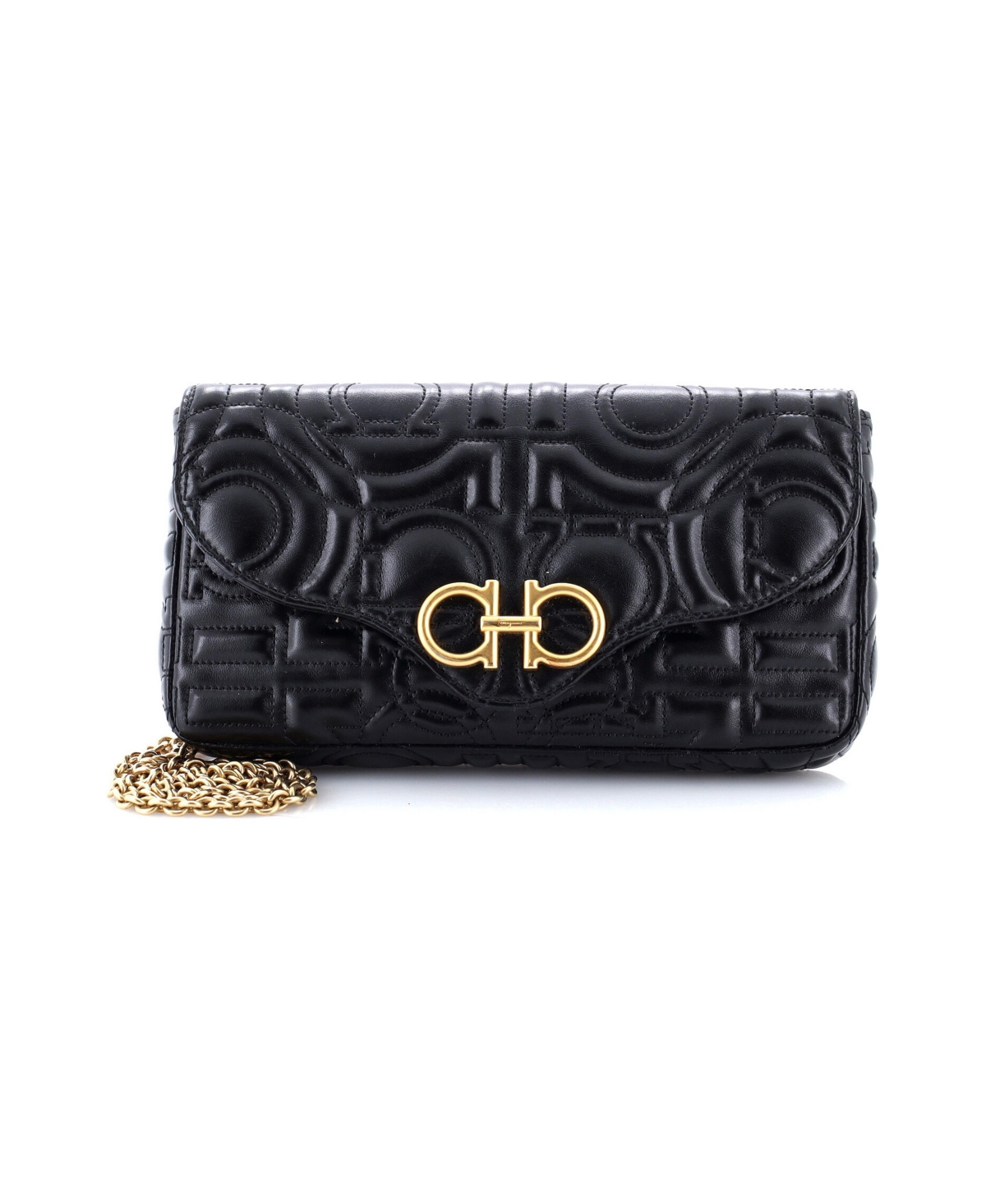 Pre-Owned Salvatore Ferragamo Mini Gancini Chain Wallet Gancini Quilted Leather - Black