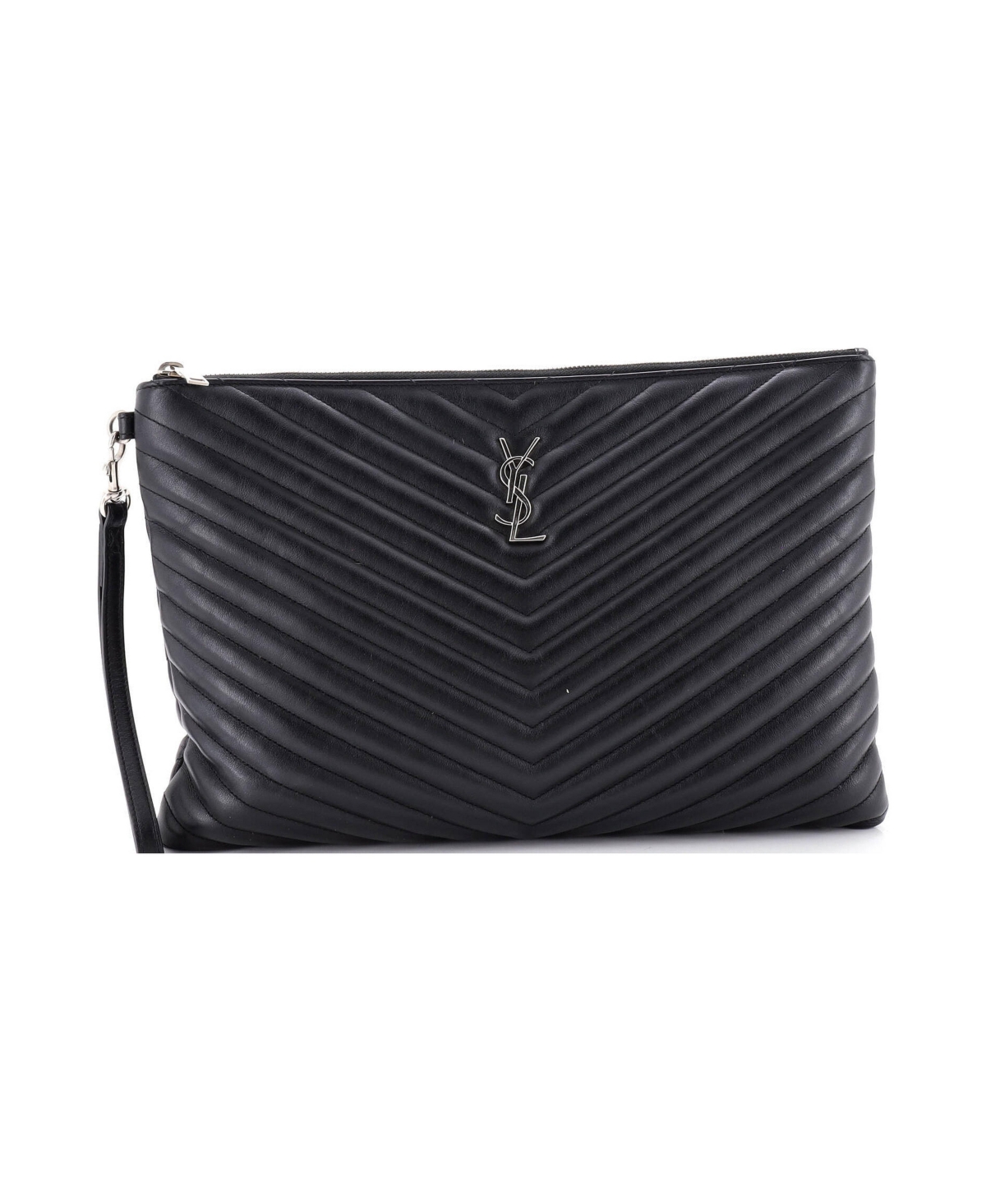 Pre-Owned Saint Laurent Large Classic Monogram Wristlet Pouch Matelasse Chevron Leather - Black