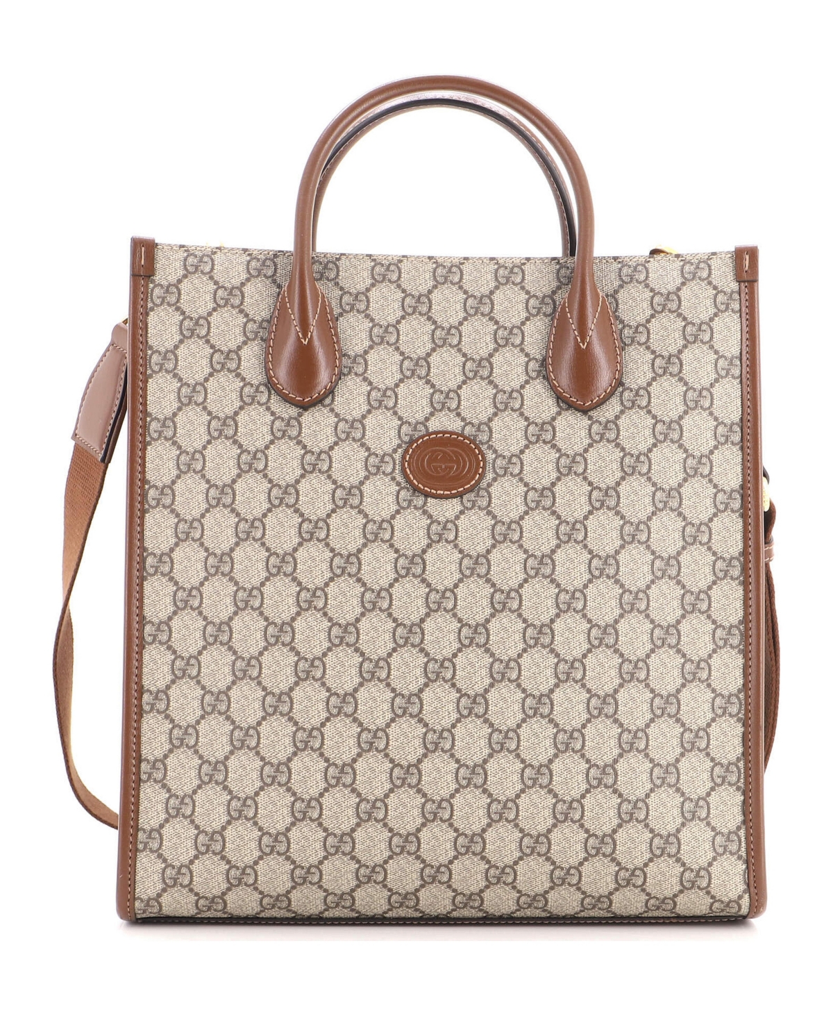 Pre-Owned Gucci Tall Interlocking G Patch Tote Gg Coated Canvas - Brown