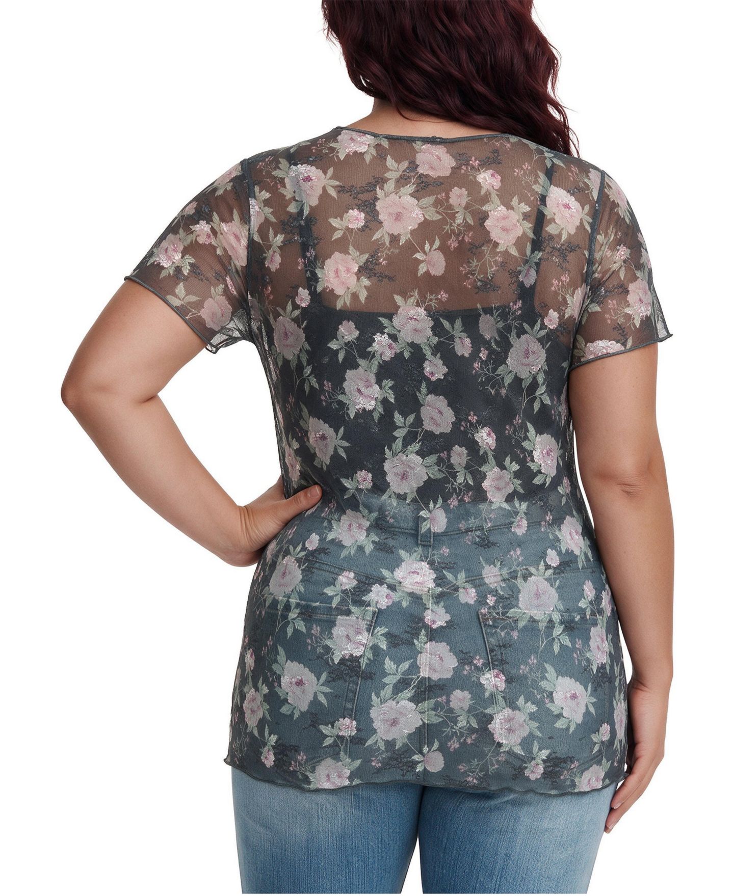 Женский топ Torrid Plus Size Sheer Lace Floral, цвет: С принтом серый — фото 3