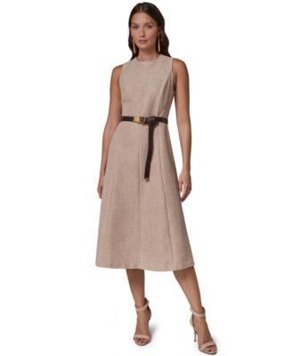Women's Belted A-Line Tweed Midi Dress