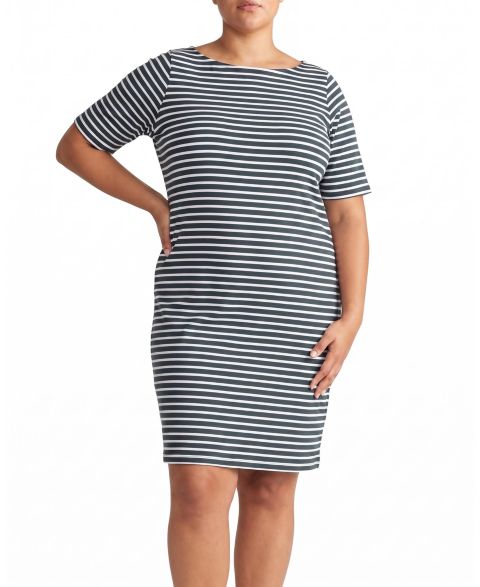 Женское платье Universal Standard Plus Size Belle Breton-Stripe Boat Neck Short-Sleeve, цвет: Морской / Белый полосатый