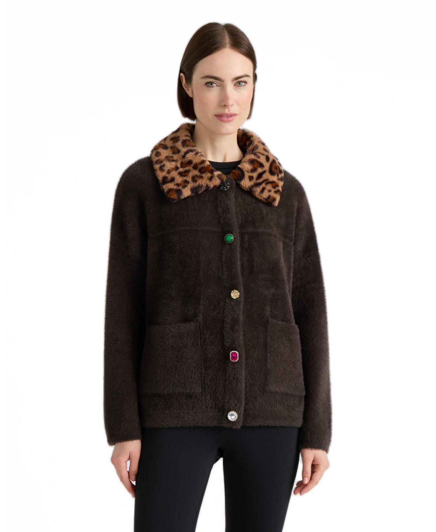 Женские куртки NVLT Eyelash Cropped Faux Fur Collar Coatigan, цвет: Тёмно-коричневый — фото 1