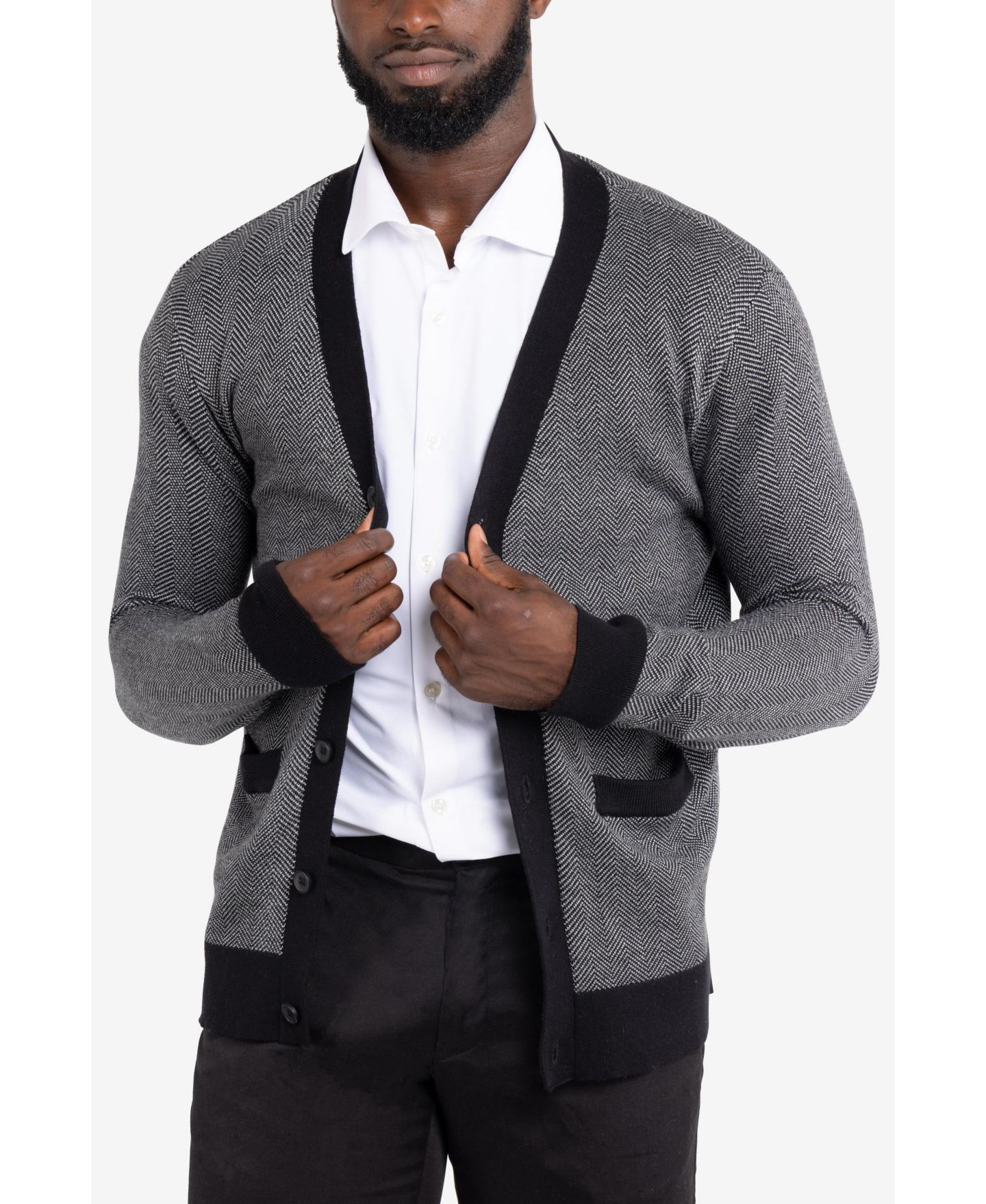 Мужской кардиган X-Ray Herringbone Cardigan, цвет: Молочный белый / Чёрный — фото 12