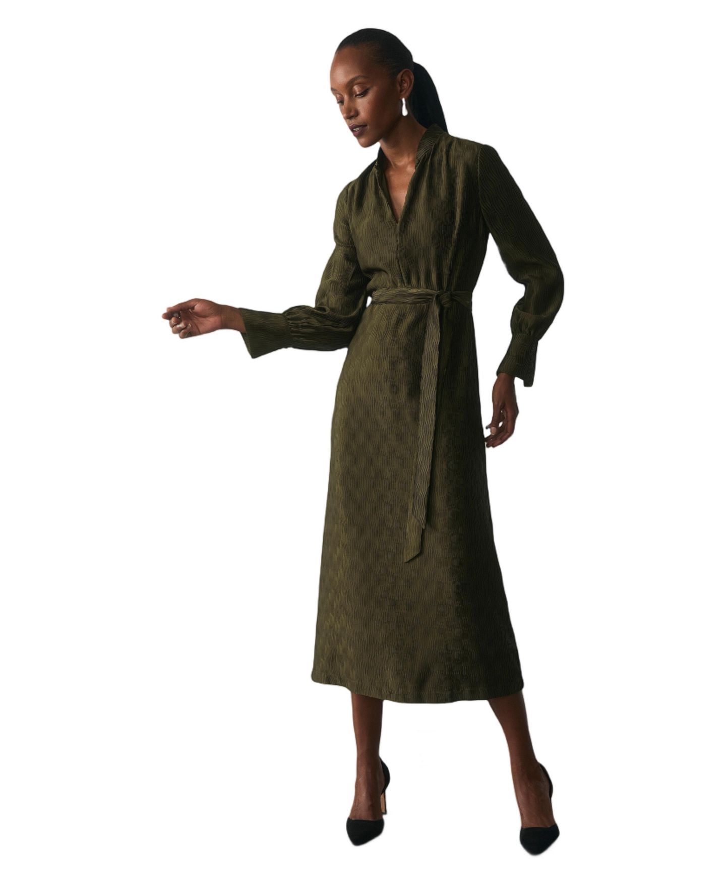 Женское платье The Fold Aurellie Long-Sleeve Wave-Pleated Midi, цвет: Зелёный — фото 3
