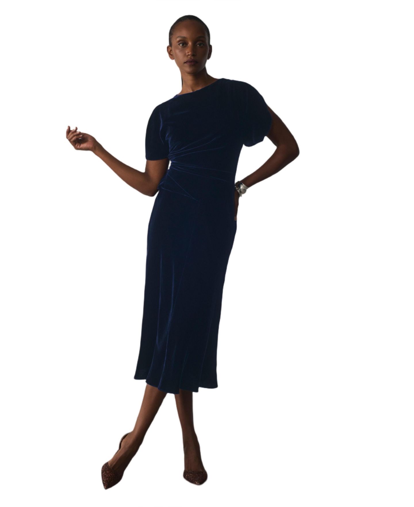 Женское платье The Fold Salerno Velvet A-Line Ruched Midi, цвет: Тёмно-синий — фото 5