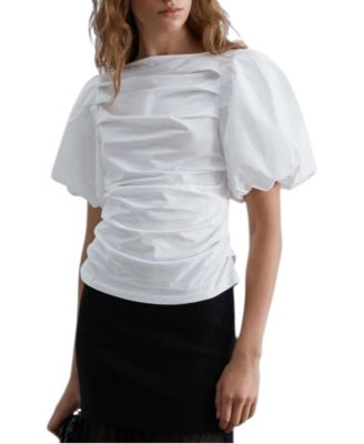 Women's Puff-Sleeve Boat Neck Ruched Blouse