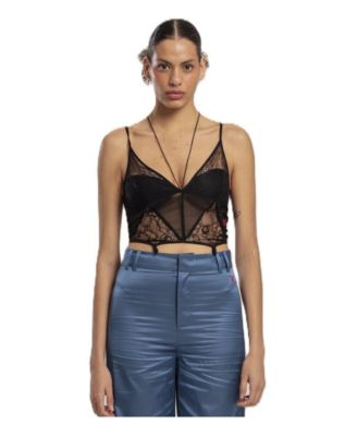 Women's Free Heaven Floral-Print Fitted Cropped Lace Top