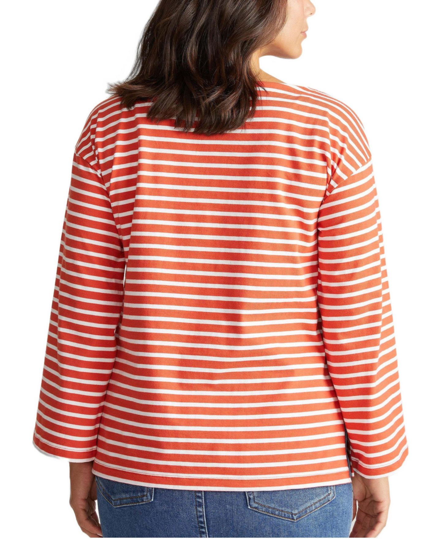 Женский топ Universal Standard Plus Size Montauk Breton Stripe Bell Sleeve, цвет: Коралловый / Белый полосатый — фото 2