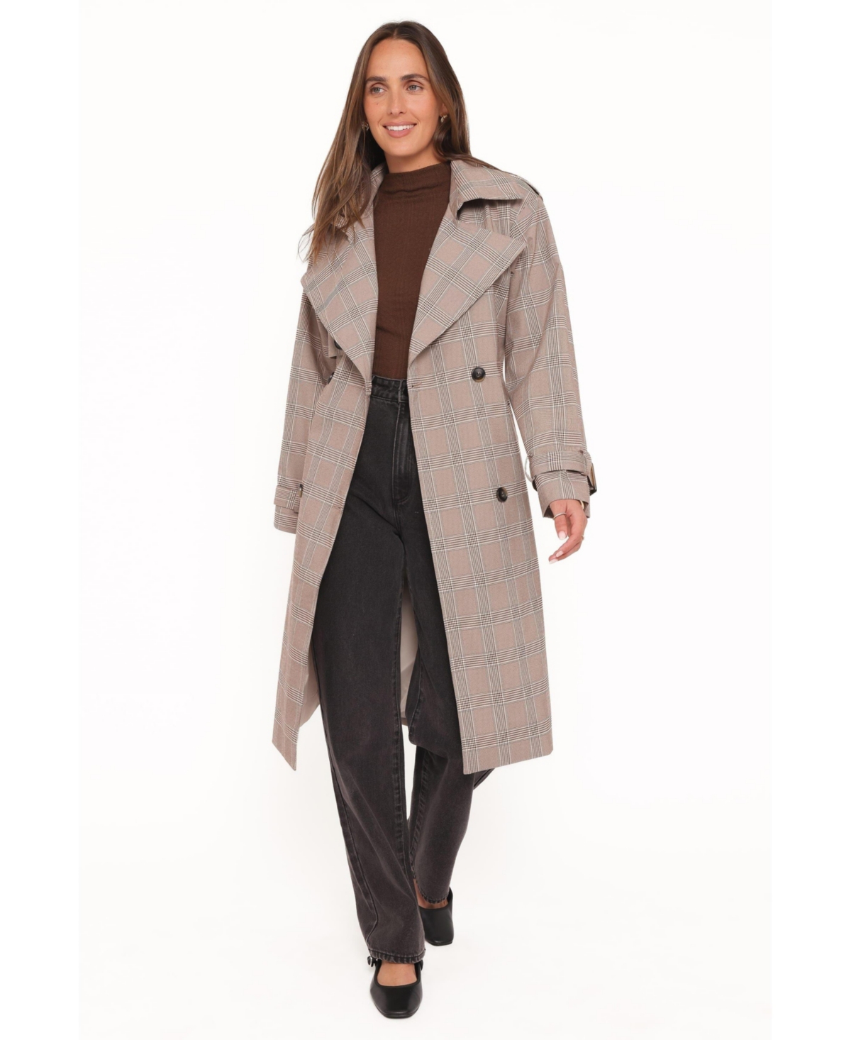 Petal and Pup Women's Billy Double-Breasted Mid-Length Unlined Trench Coat - Brown plaid