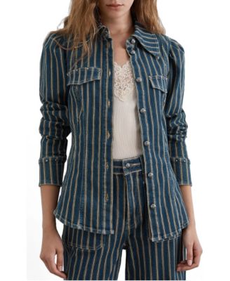 Women's Striped Slim-Fit Puff-Sleeve Denim Shirt