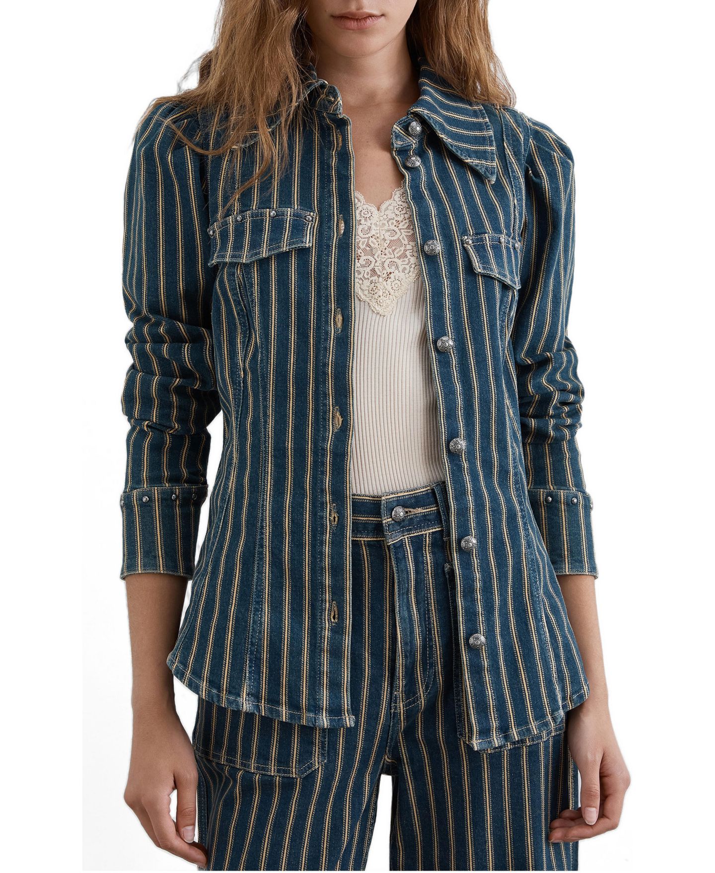 Женская рубашка Scalpers Striped Slim-Fit Puff-Sleeve Denim, цвет: Indigostripes — фото 1