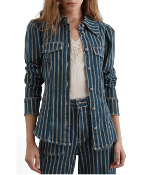 Женская рубашка Scalpers Striped Slim-Fit Puff-Sleeve Denim, цвет: Indigostripes