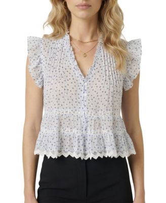 Women's Ruffled V-Neck Lace Hem Ramie Blouse