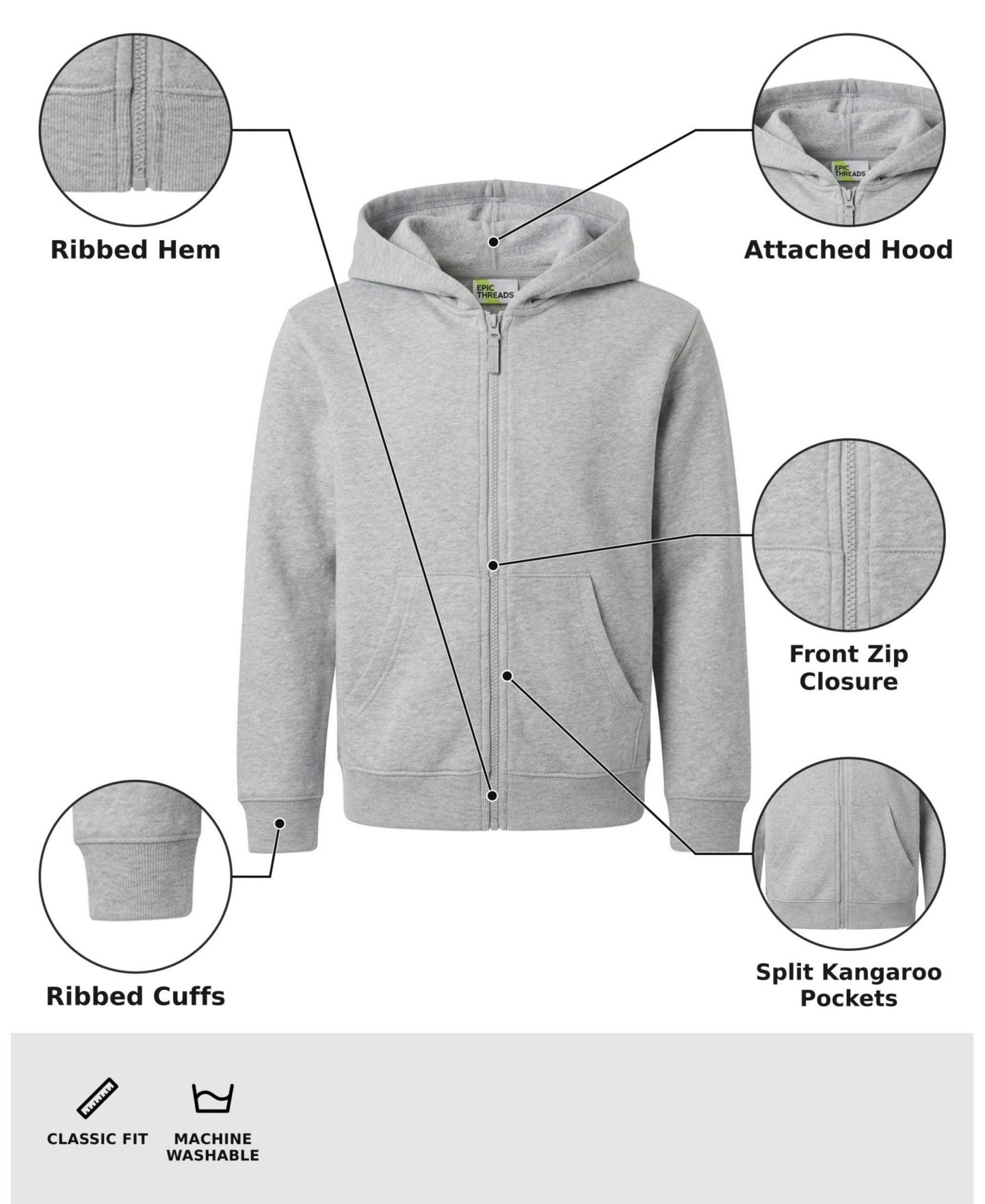 Худи Epic Threads Fleece Zip-Up для мальчиков, цвет: Серый — фото 3