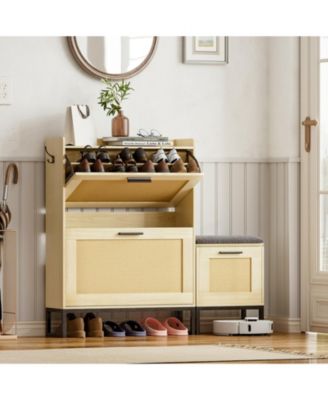 Narrow Rattan Shoe Cabinet with Bench, 2 Flip Drawers, Slim Entryway Shoe Storage Organizer