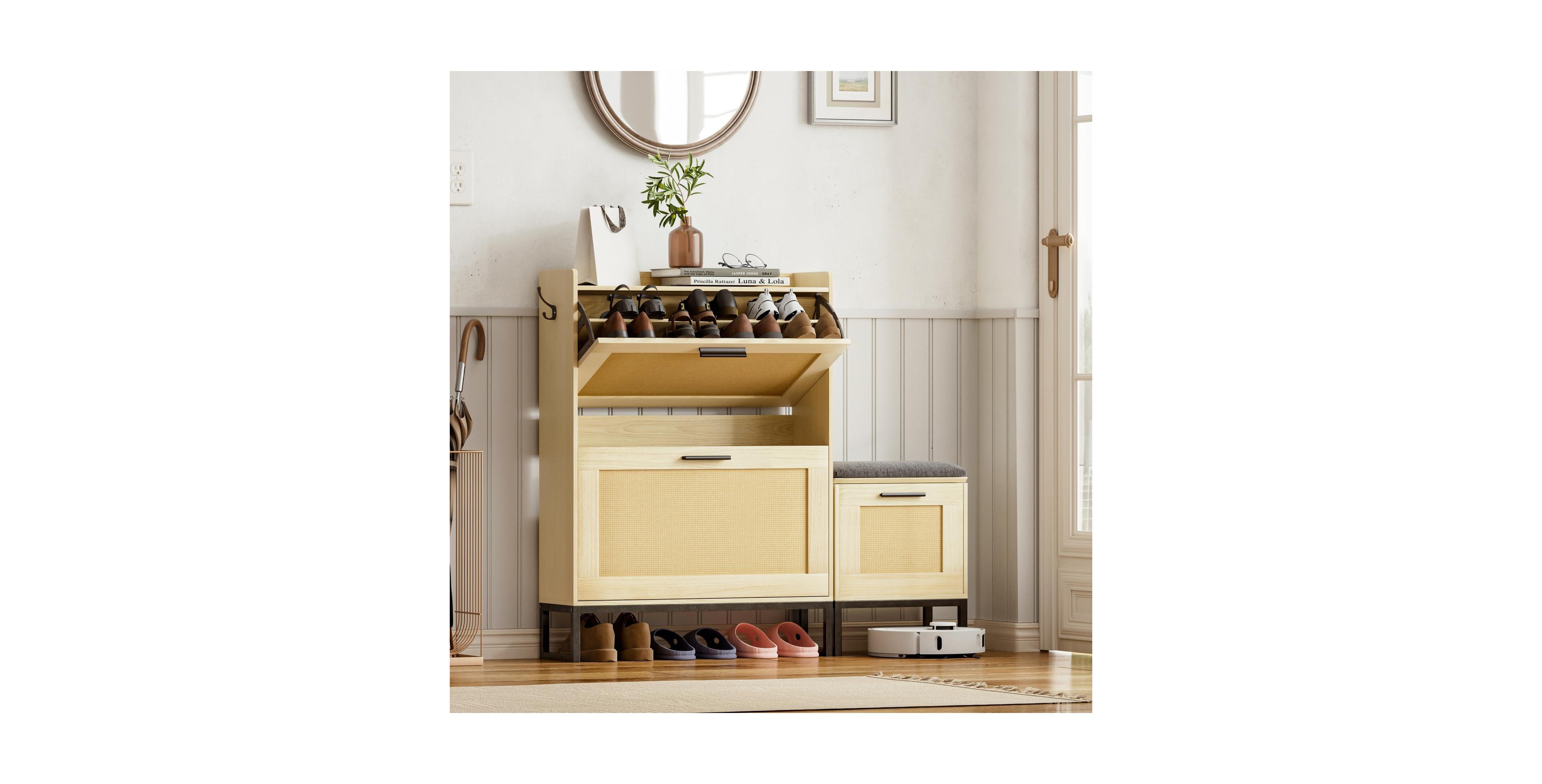 Vabches Narrow Rattan Shoe Cabinet with Bench, 2 Flip Drawers, Slim Entryway Shoe Storage Organizer
