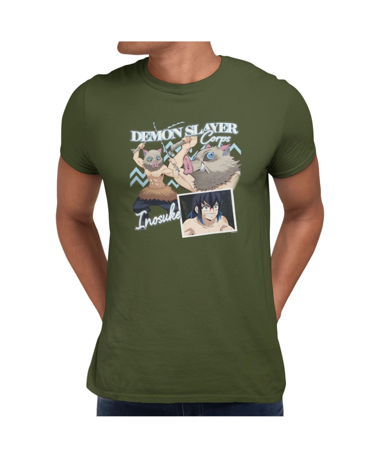 Demon Slayer Men's Inosuke Boar Mask Rampage Graphic Crewneck Short Sleeve T-Shirt - Green