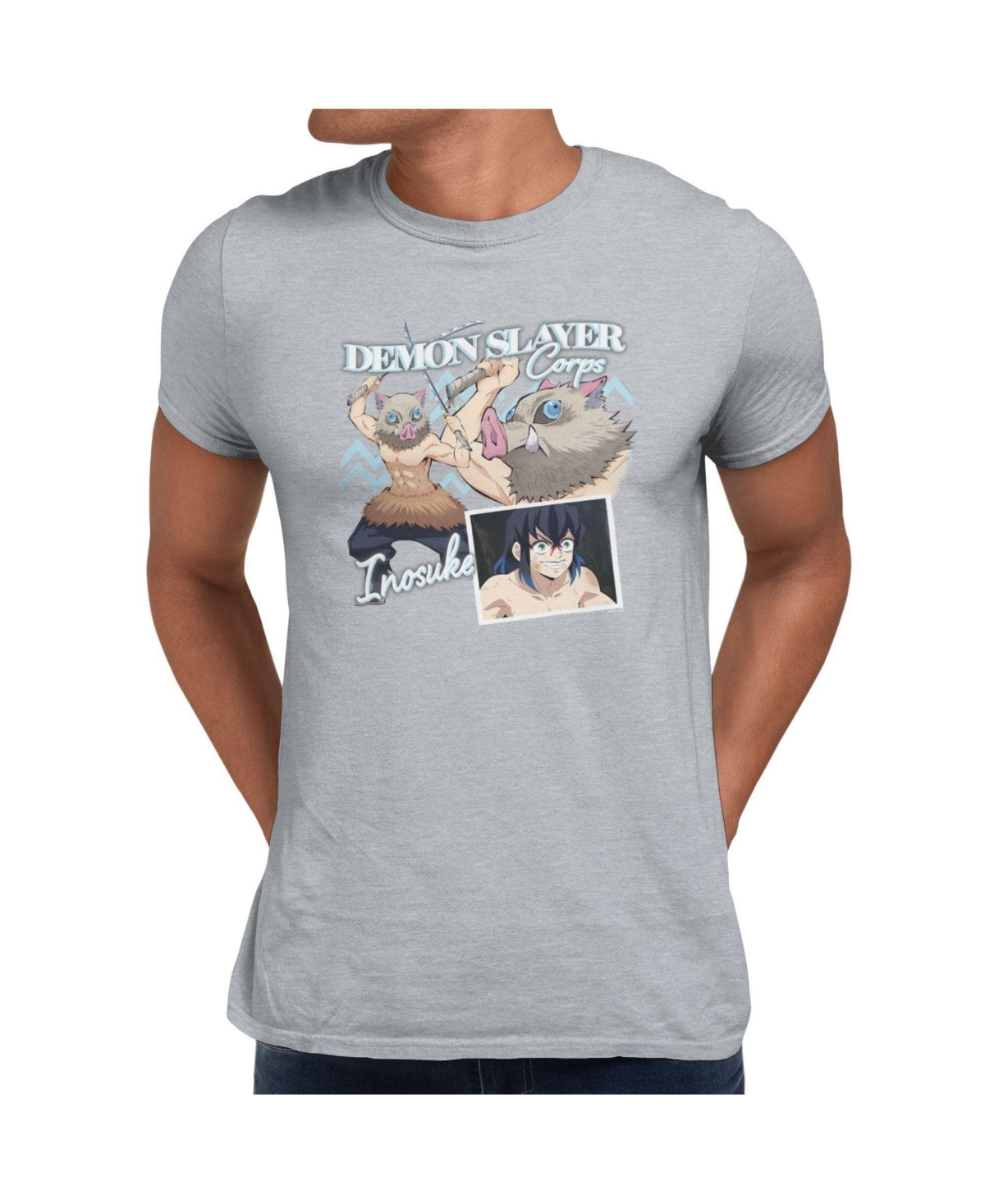 Demon Slayer Men's Inosuke Boar Mask Rampage Graphic Crewneck Short Sleeve T-Shirt - Grey