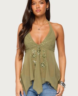 Women's Bodie Sequin Handkerchief V-Neck Chiffon Top