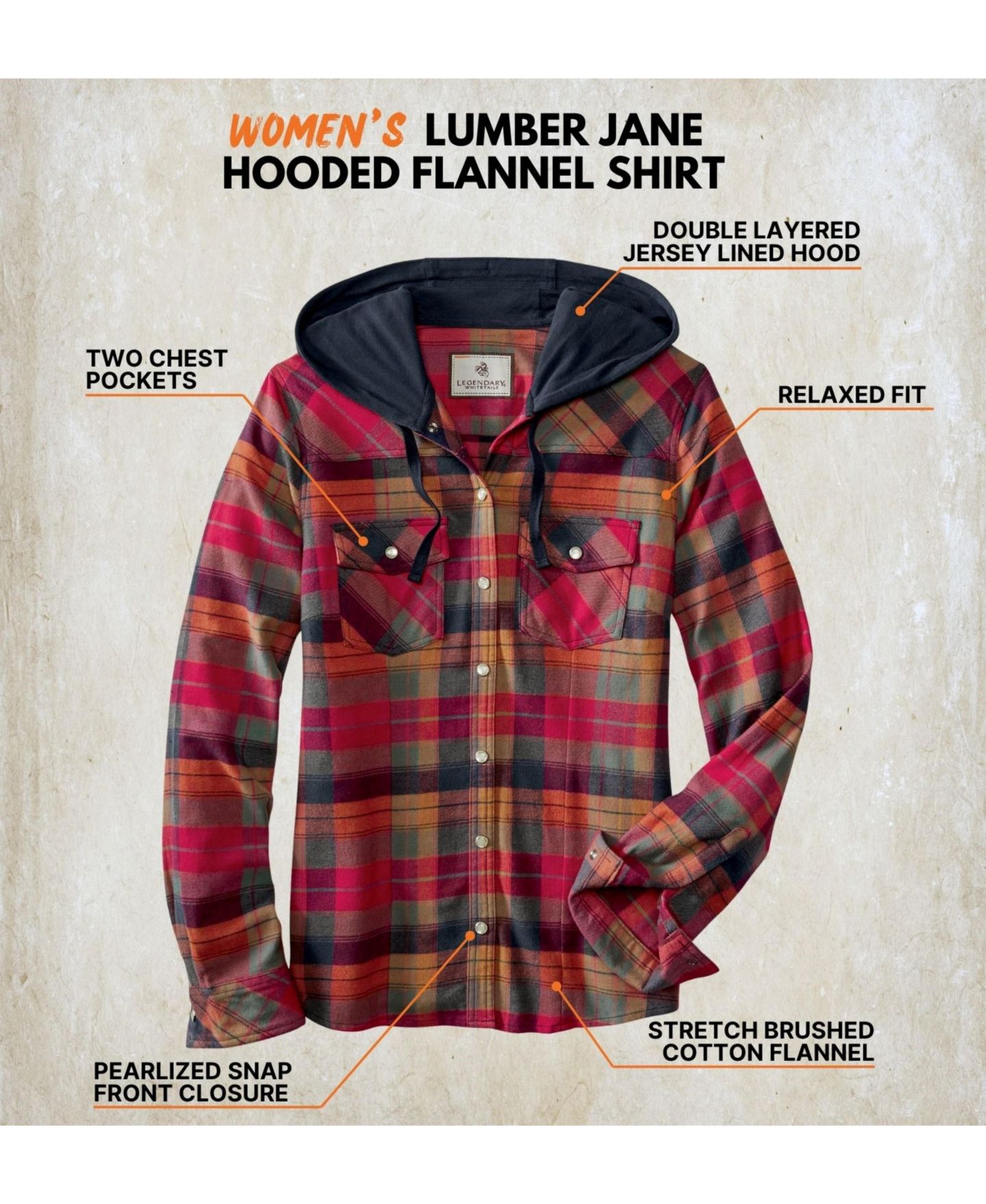 Женская рубашка Legendary Whitetails Lumber Jane Plaid Hooded Long-Sleeve Button-Up, цвет: Клетчатый, вариант 1 — фото 4