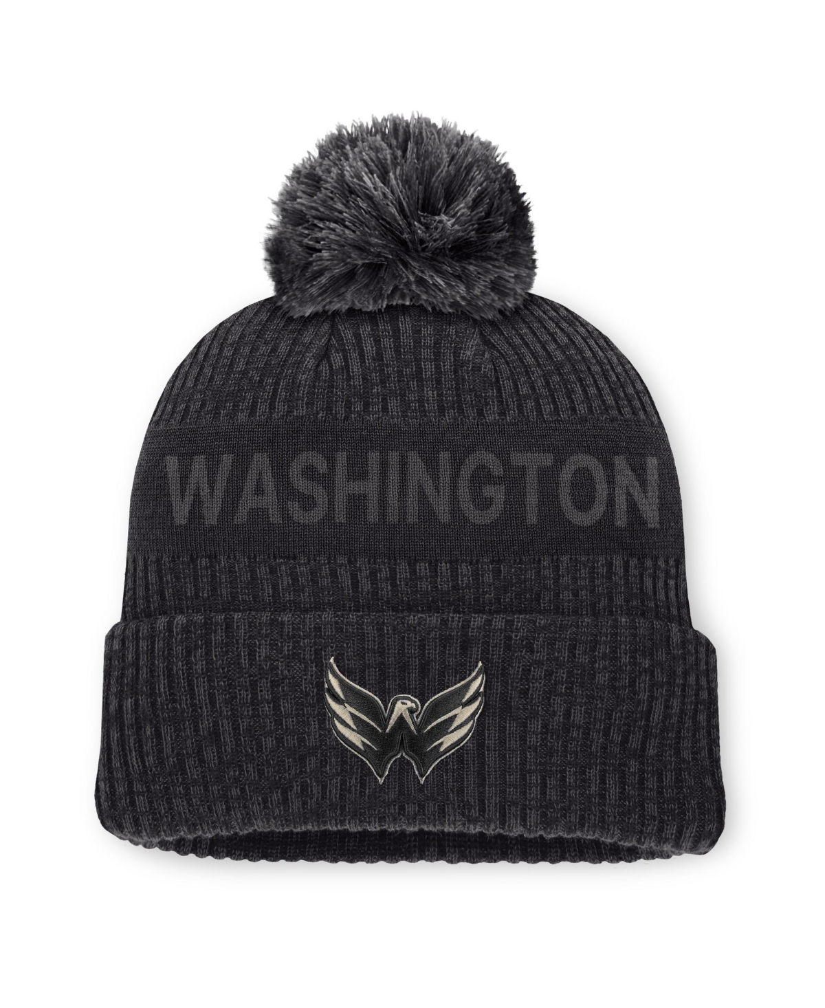 Fanatics Men's Charcoal Washington Capitals Road Phantom Cuffed Knit with pom Hat - Charcoal, Black