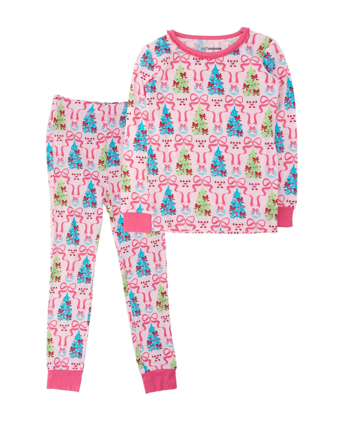 Softsnooze Girls' 4-16 Red Holly Ornament Bows Long-Sleeve Ruffle Top and Pants, 2-Piece Set - Medium pink 663