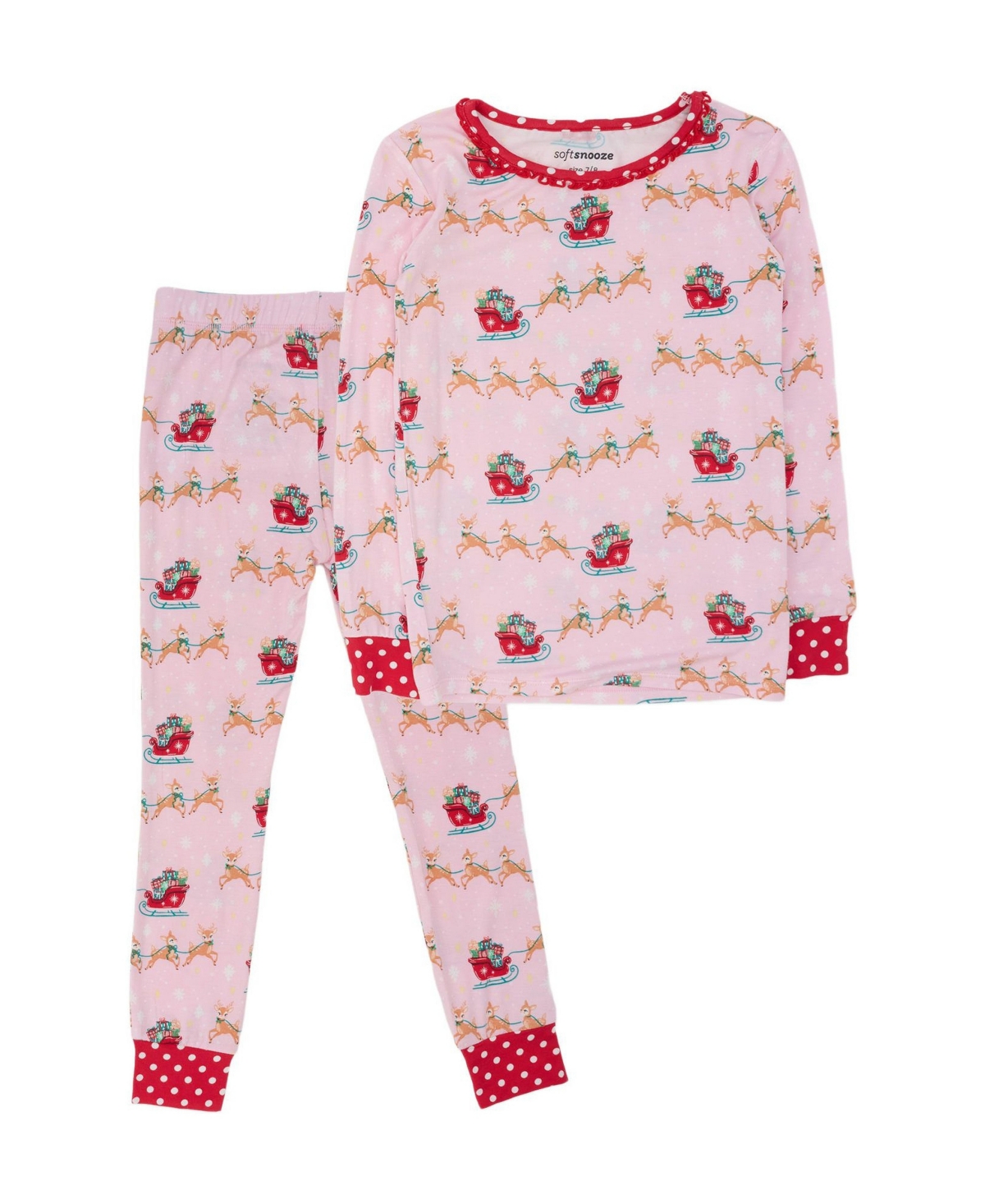Softsnooze Girls' 4-16 Red Holly Ornament Bows Long-Sleeve Ruffle Top and Pants, 2-Piece Set - Medium pink 665