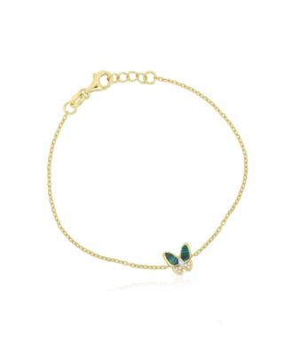 Malachite and Cubic Zirconia Adjustable Single Butterfly Bracelet in 14K Gold-Plated Sterling Silver