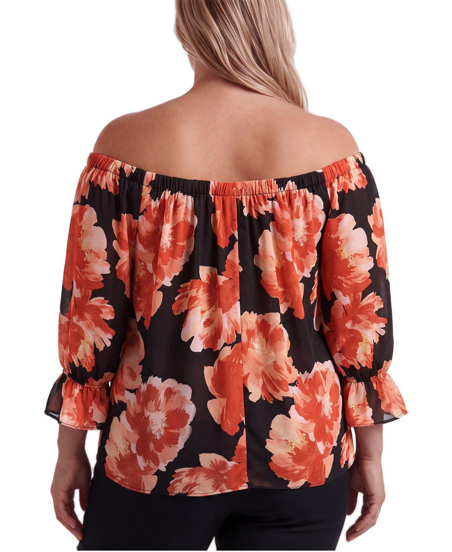 Женская блузка Torrid Plus Size Floral-Print Off-the-Shoulder 3/4-Sleeve, цвет: С принтом чёрный — фото 4