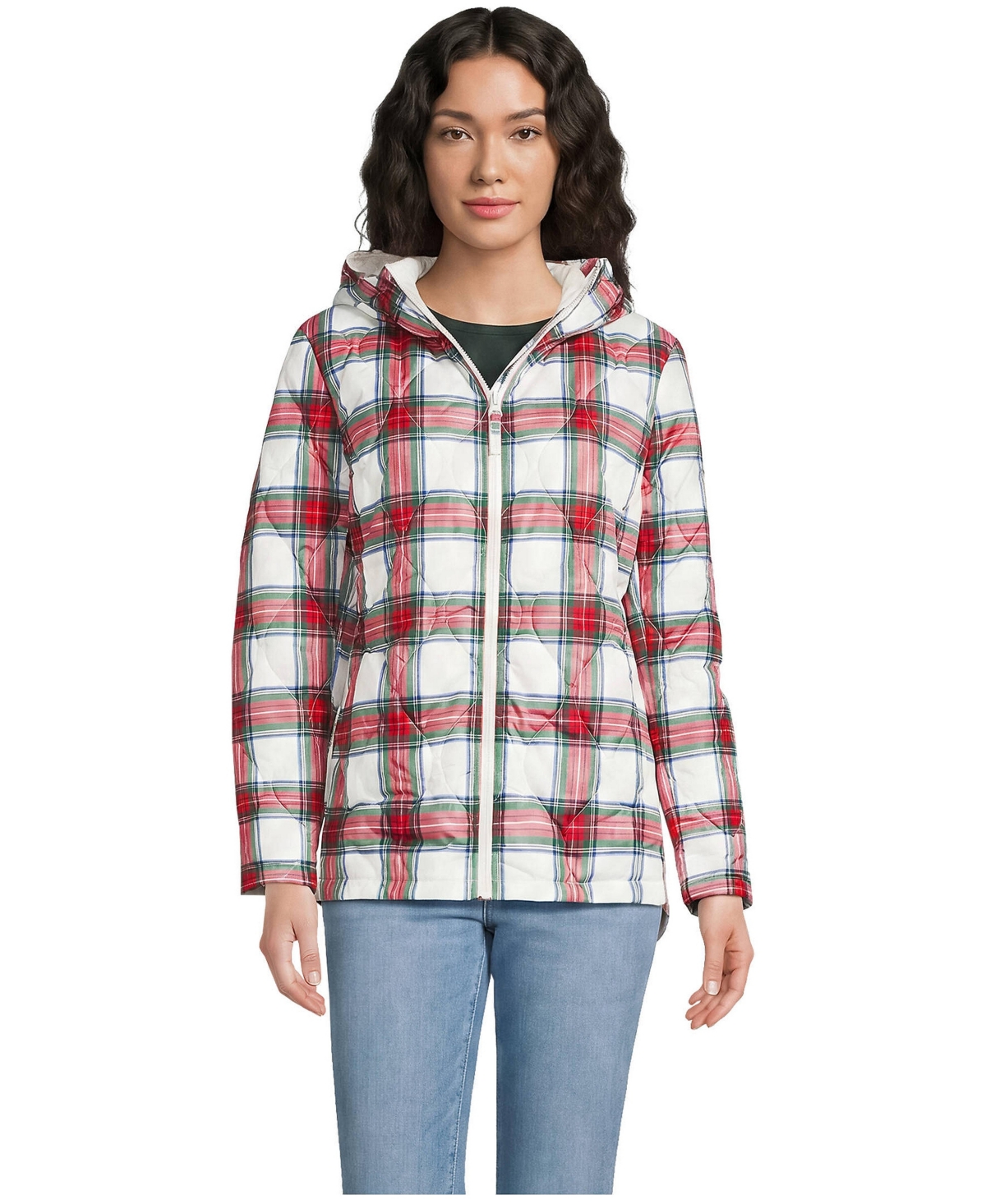 Lands' End Women's Print FeatherFree Quilted Insulated Jacket - Ivory/compass red multi plaid