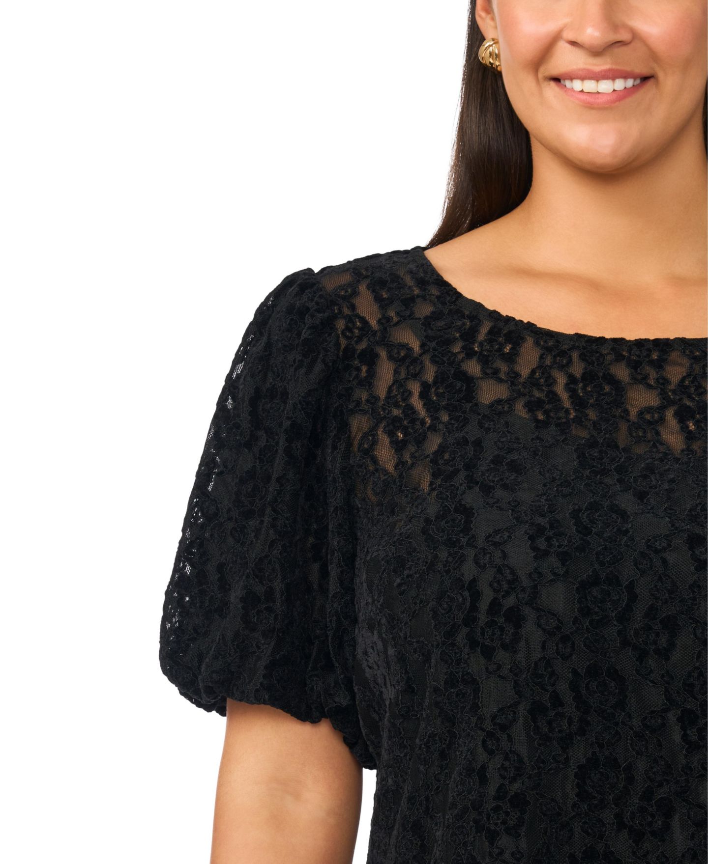 Женская блузка Vince Camuto Plus Size Puff-Sleeve Crewneck Lace, цвет: Насыщенный чёрный — фото 5