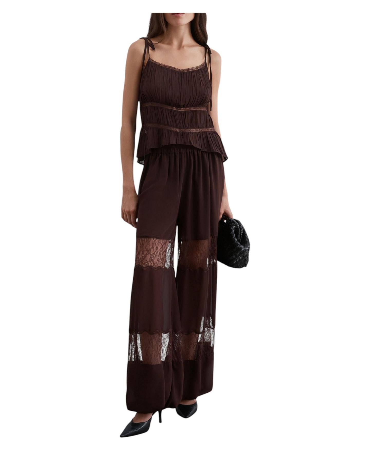 Женский топ Scalpers Pleated V-Neck Lace Camisole, цвет: Darkbrown — фото 2