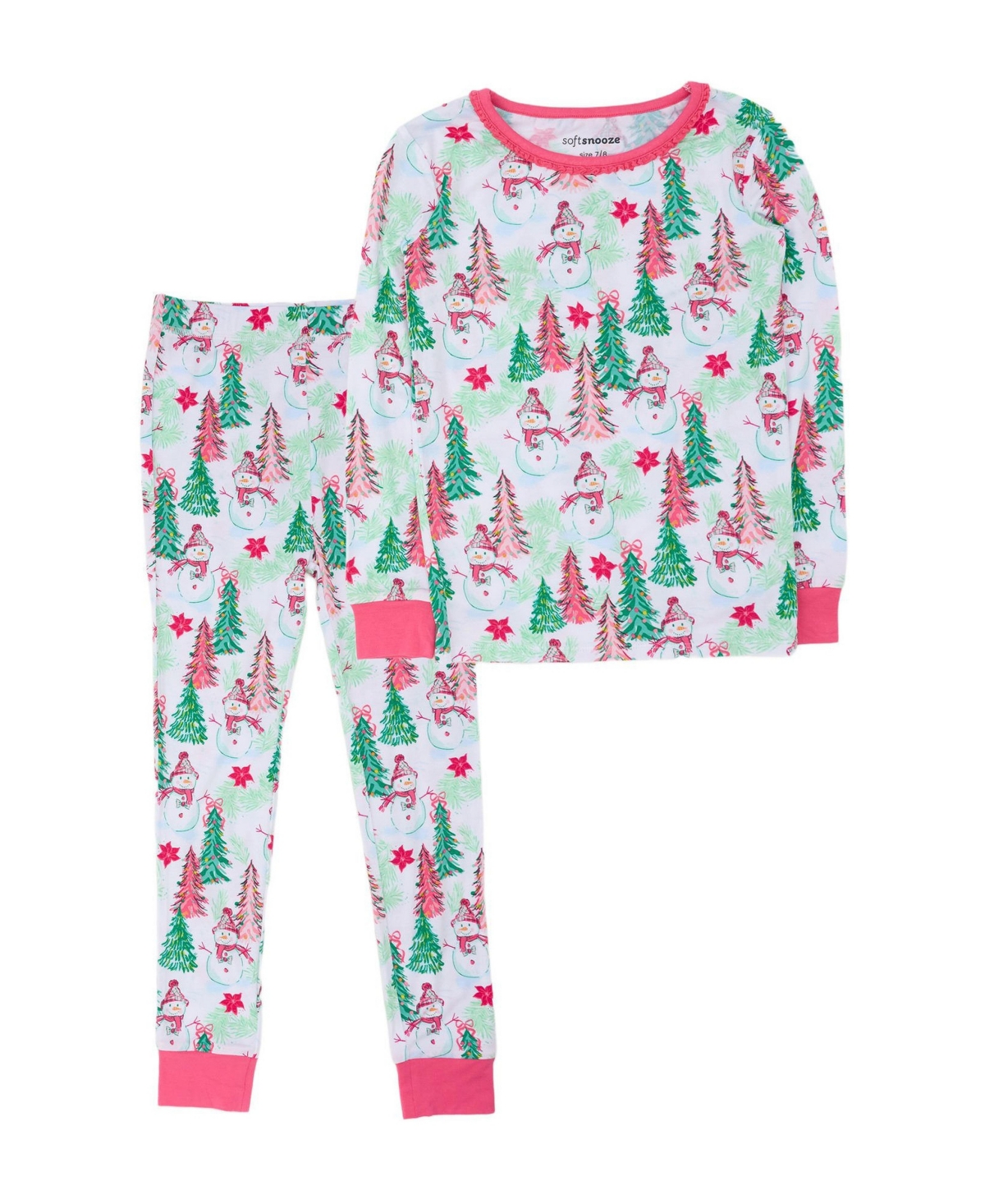 Softsnooze Girls' 4-16 Red Holly Ornament Bows Long-Sleeve Ruffle Top and Pants, 2-Piece Set - Pink snowman grove