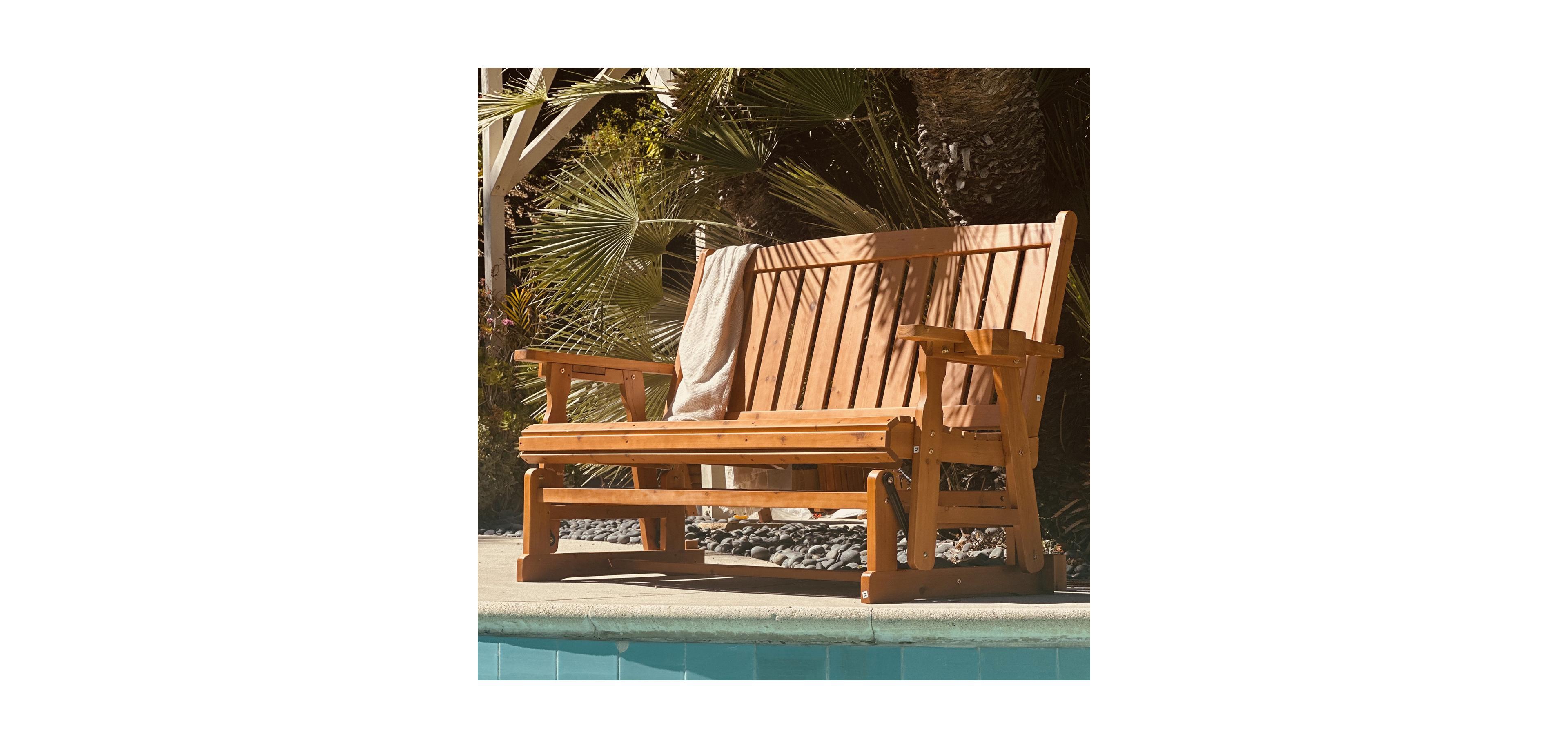 Innovaze 3 Seater Outdoor Wooden Glider Chair, Contoured Patio Bench with Built In Cup Holders for Comfortable Porch and Backyard Relaxation