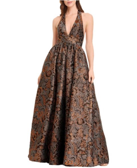 Женское платье Dress the Population Magdalyn One-Shoulder High-Slit Satin Gown, цвет: Бронзовый разноцветный