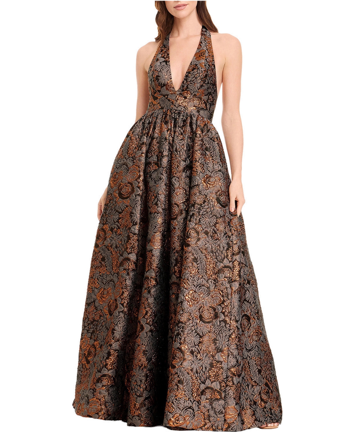 Dress the Population Women's Magdalyn One-Shoulder High-Slit Satin Gown - Bronze multi