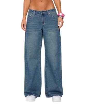 Women's Low Rise Wide-Leg Contrast-Stitch Jeans