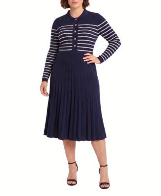 Plus Size Collared Long-Sleeve Midi Sweater Dress