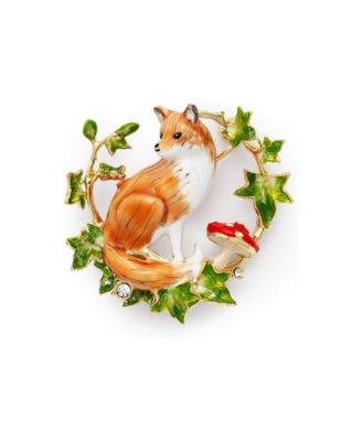 Crystal Gold-Tone Fox and Ivy Round Brooch