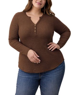 Plus Size Long-Sleeve V-Neck Henley Top